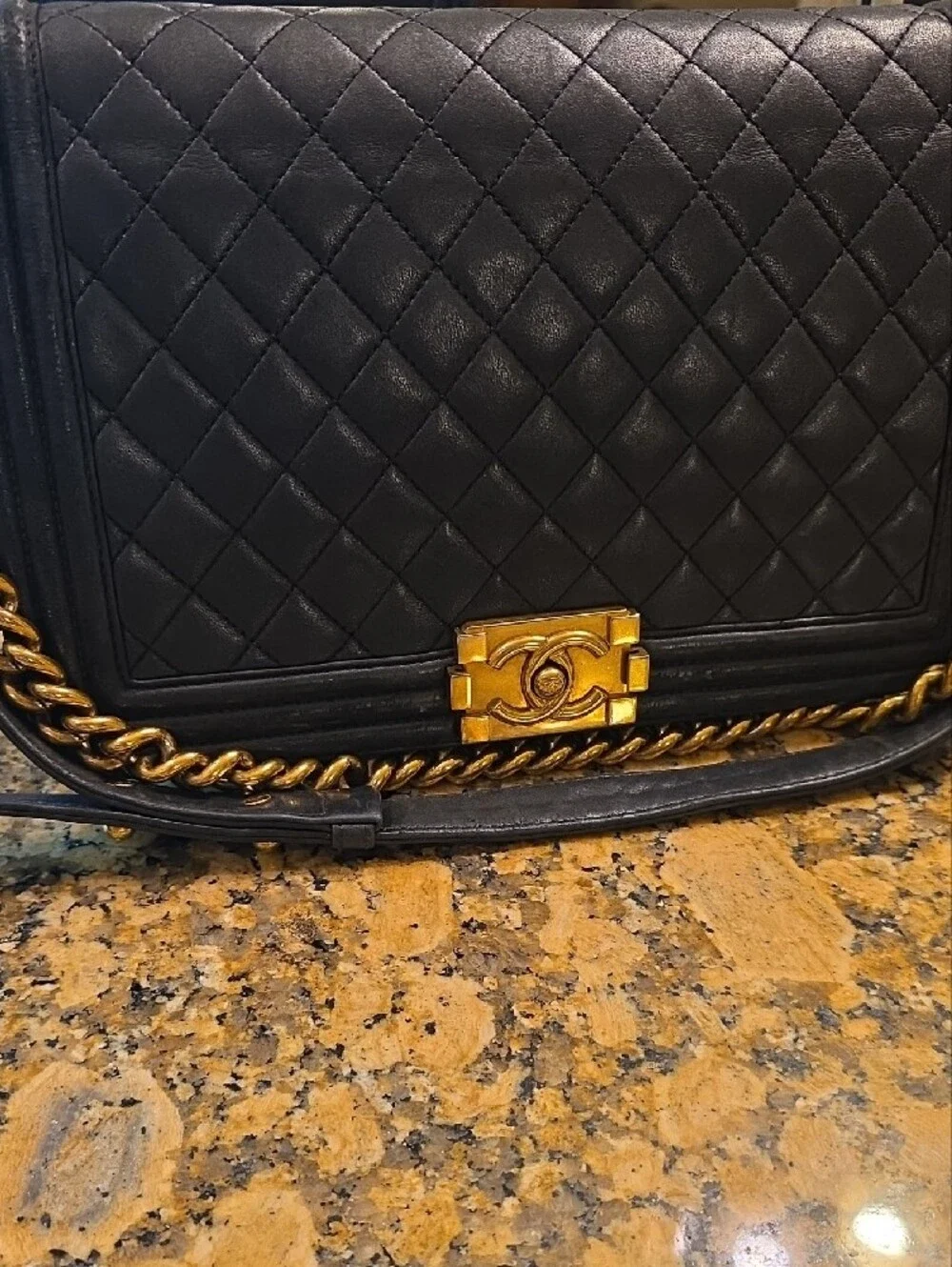 CHANEL Medium Boy Bag Quilted Lambskin Crossbody with Gold Hardware.